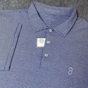 B. Draddy Polo Shirt Mens Large Blue/White Stripe Pima Cotton Stretch Golf Logo